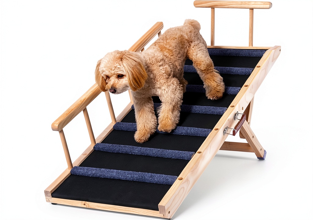 VEVOR Adjustable Wooden Dog Ramp folded and stored in the trunk of a midsize SUV