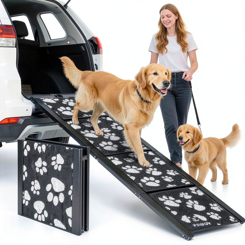 PAWUV Dog Car Ramp extended on a vehicle with a dog climbing
