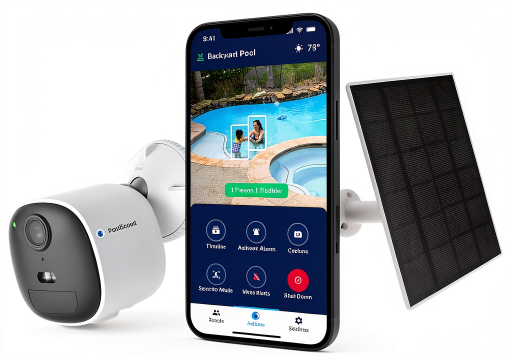PoolScout camera installed near a swimming pool with solar panel