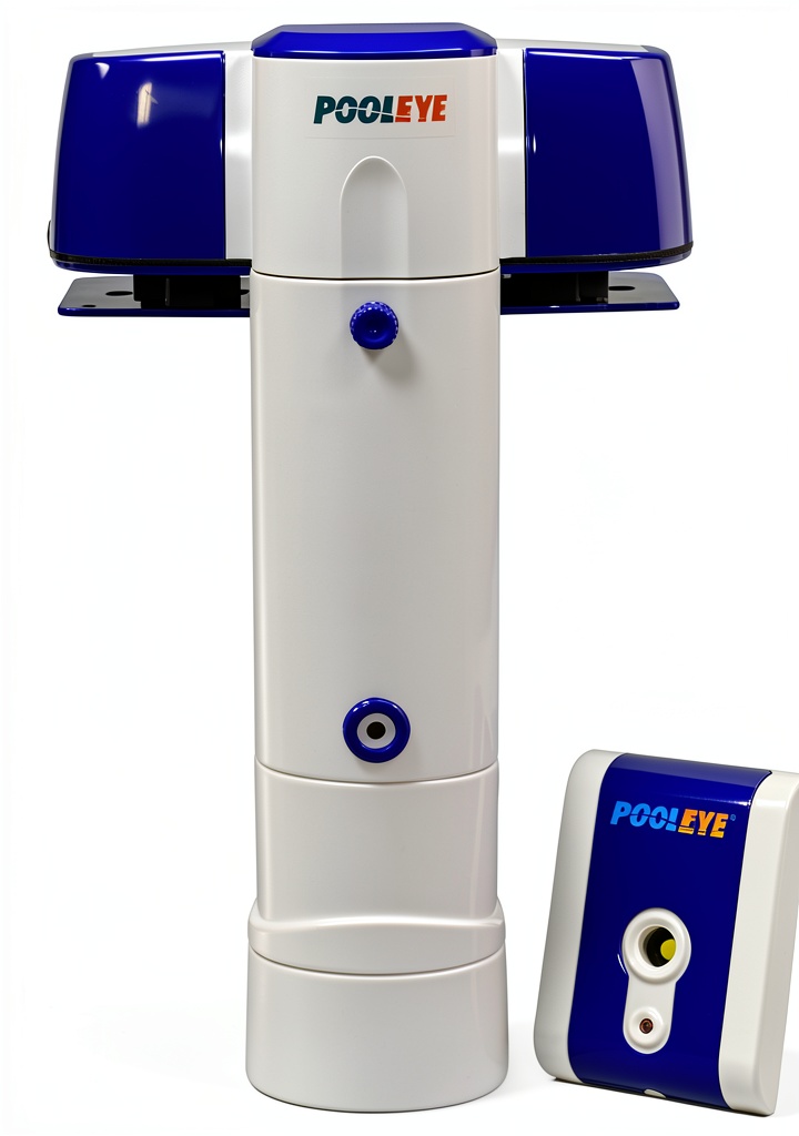 PoolEye alarm mounted on a concrete pool deck