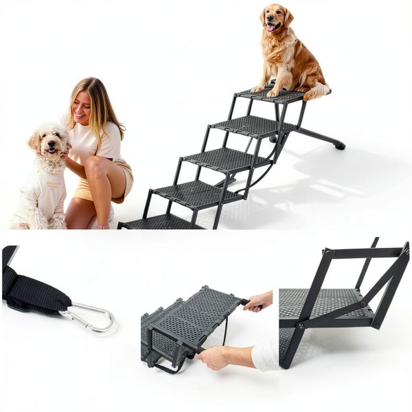 LIALEX Dog Car Ramp Stairs Foldable Black Pet Steps-2