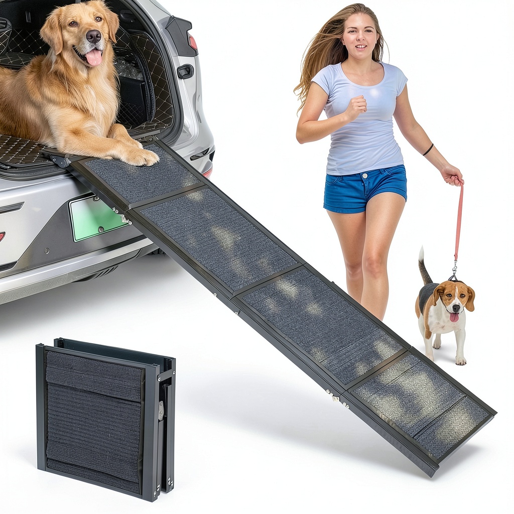 Installing RexTact Aluminum Dog Ramp Foldable Pet Car Ramp on a wooden floor