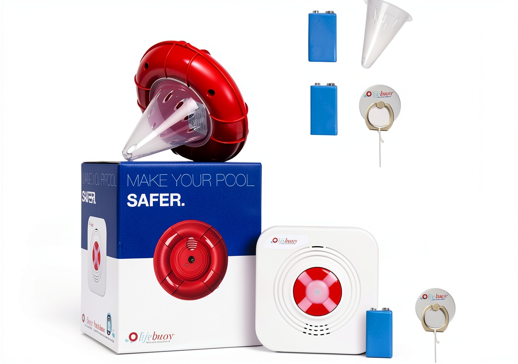Lifebuoy Pool Alarm placed beside a swimming pool