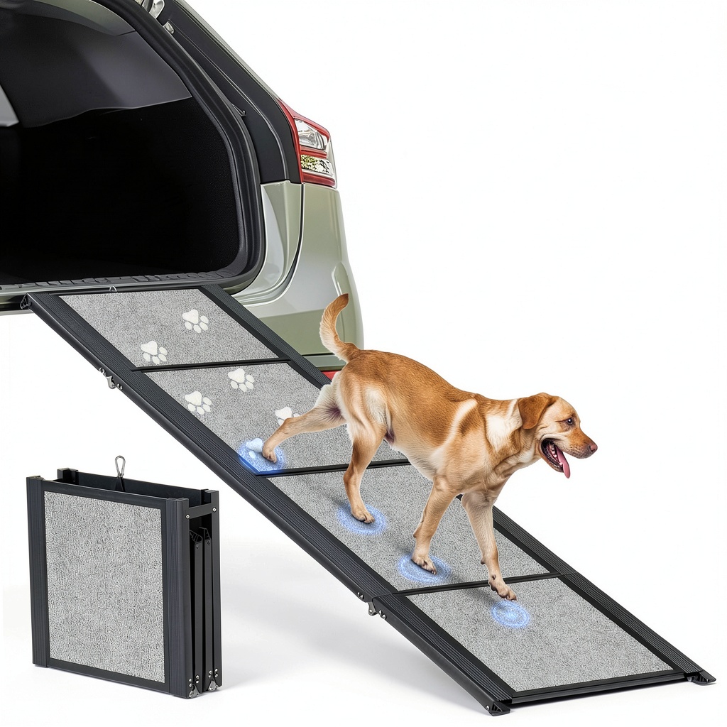 Dog using GAOYITK aluminum ramp to enter a SUV