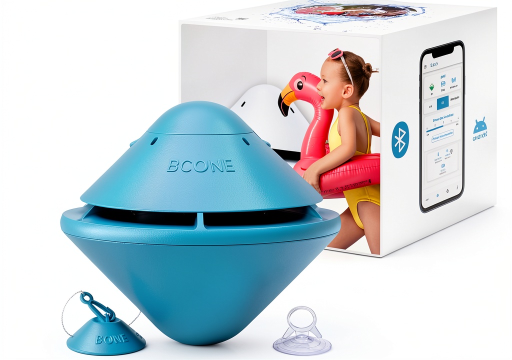 Lifebuoy Solo pool alarm floating in a blue pool