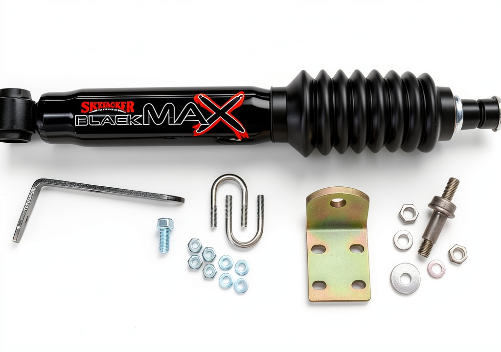 Installing Steering Stabilizer Skyjacker 8196 Machined Aluminum for Duty Trucks on a garage workbench